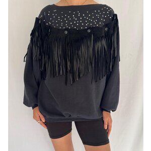 90s vintage black western suede fringe studded cozy cotton pullover sweatshirt